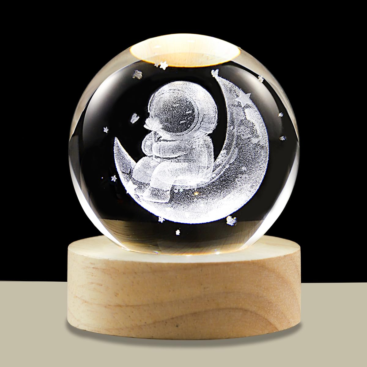 Hochance 3D Moon Crystal Ball Lamp With Adjustable Brightness Led Wooden Base Night Light For Kids Teens mature-themeds Birthday Gift Home Desk Office Bedroom Decor (6Cm / 2.4 )