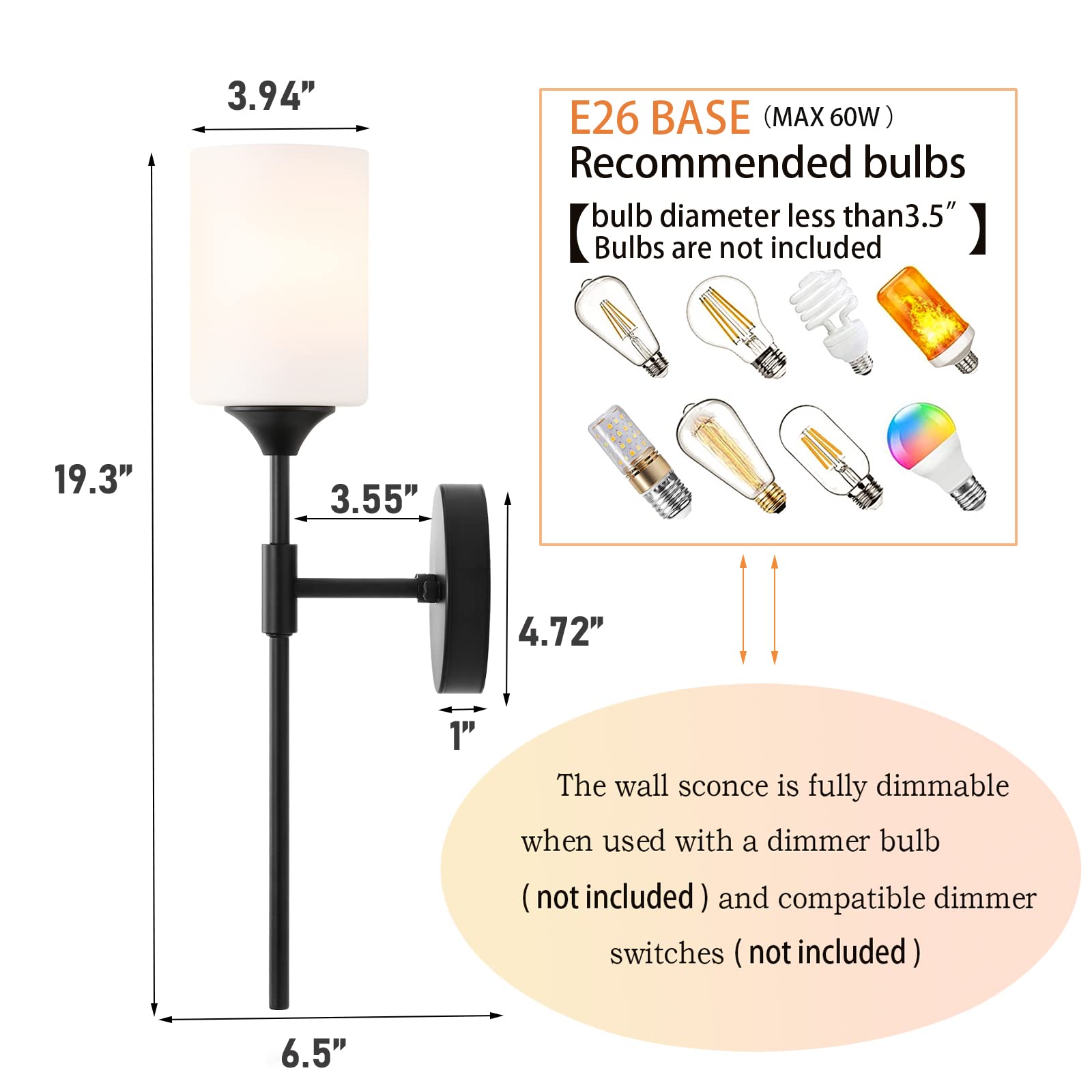 BYOLIIMA Mid Century Modern Wall Lamp 2 Pack - Black Metal Sconce with White Glass Shades for Bathroom, Bedroom, Living Room Lighting