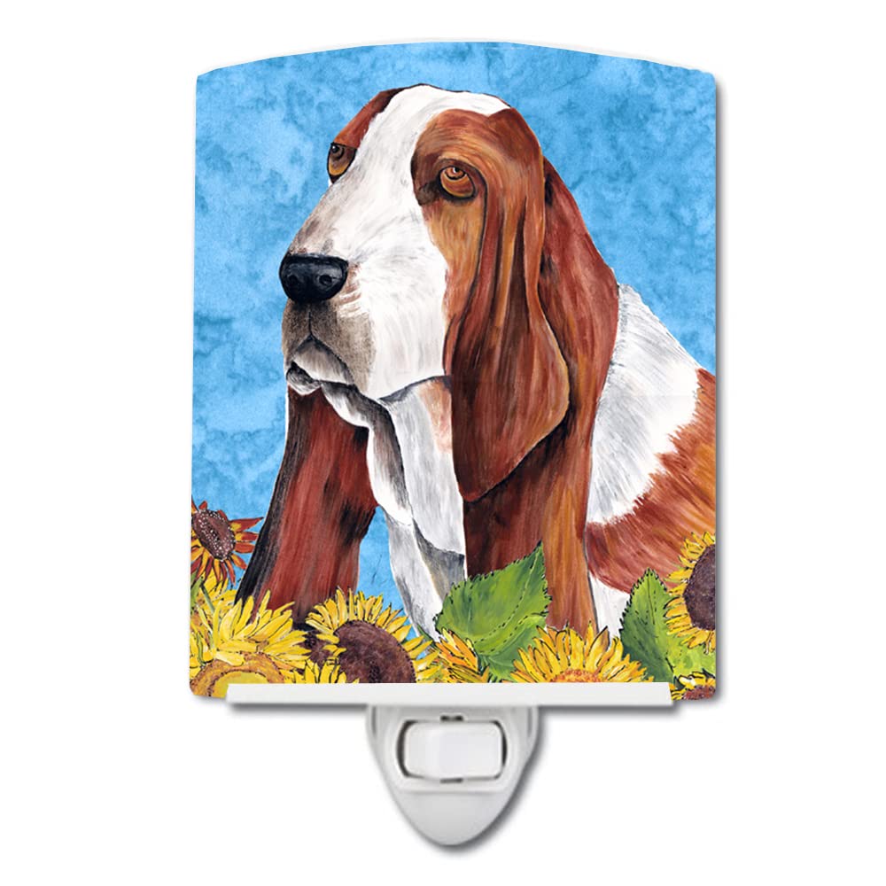 Caroline'S Treasures Sc9066Cnl Basset Hound In Summer Flowers Ceramic Night Light Compact, Ul-Certified, Ideal For Bedroom, Bathroom, Nursery, Hallway, Kitchen, 6X4X3, Multicolor