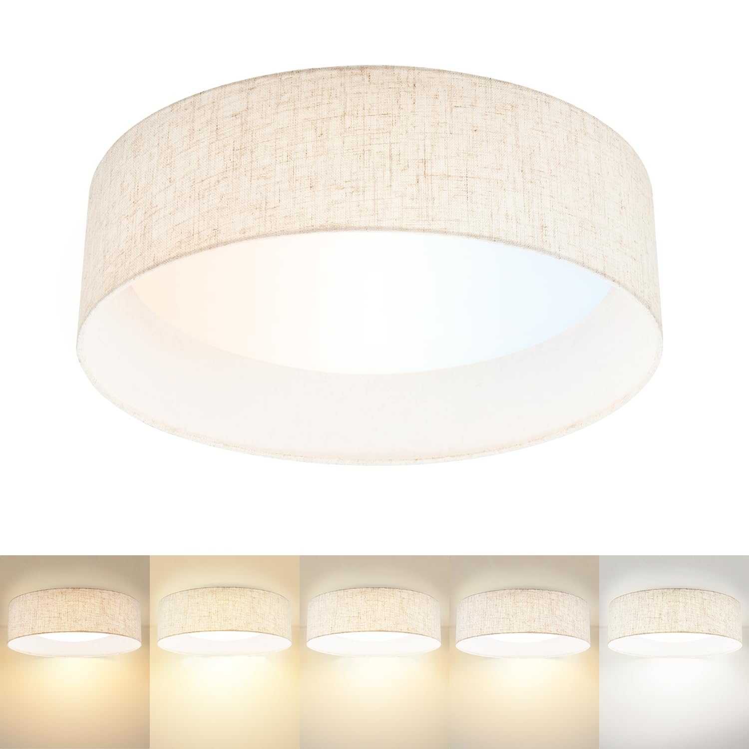 Hamilyeah 16 Inch Led Flush Mount Ceiling Light, 24W Kitchen Lighting Fixture Ceiling Mount With Fabric Shade, Dimmable Drum Cei