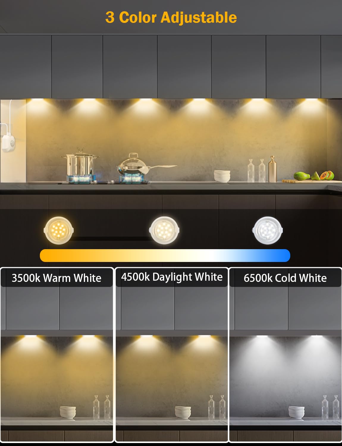 Under Cabinet Motion Sensor Lights, 3 White Color Plug-In, Indoor For Kitchen, Closet, Stairs