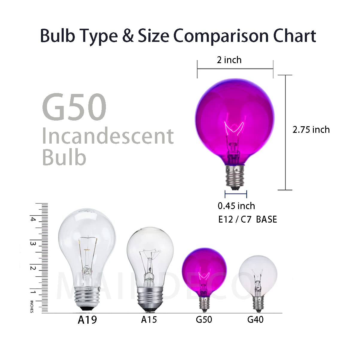 Maindeco 25 Pack G50 Replacement Bulbs,120V 7W Incandescent,E12 Base,For Indoor Outdoor String Lights-Purple