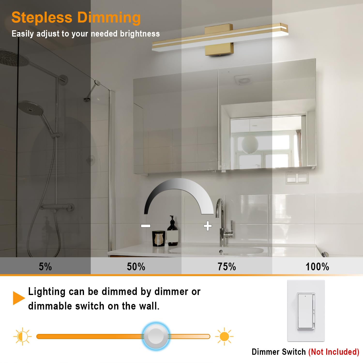 Sinerise Led Modern Bathroom Vanity Light Fixtures (24-Inch, 3000K/4000K/6000K, Dimmable), Gold Modern Acrylic Bathroom Wall Lig