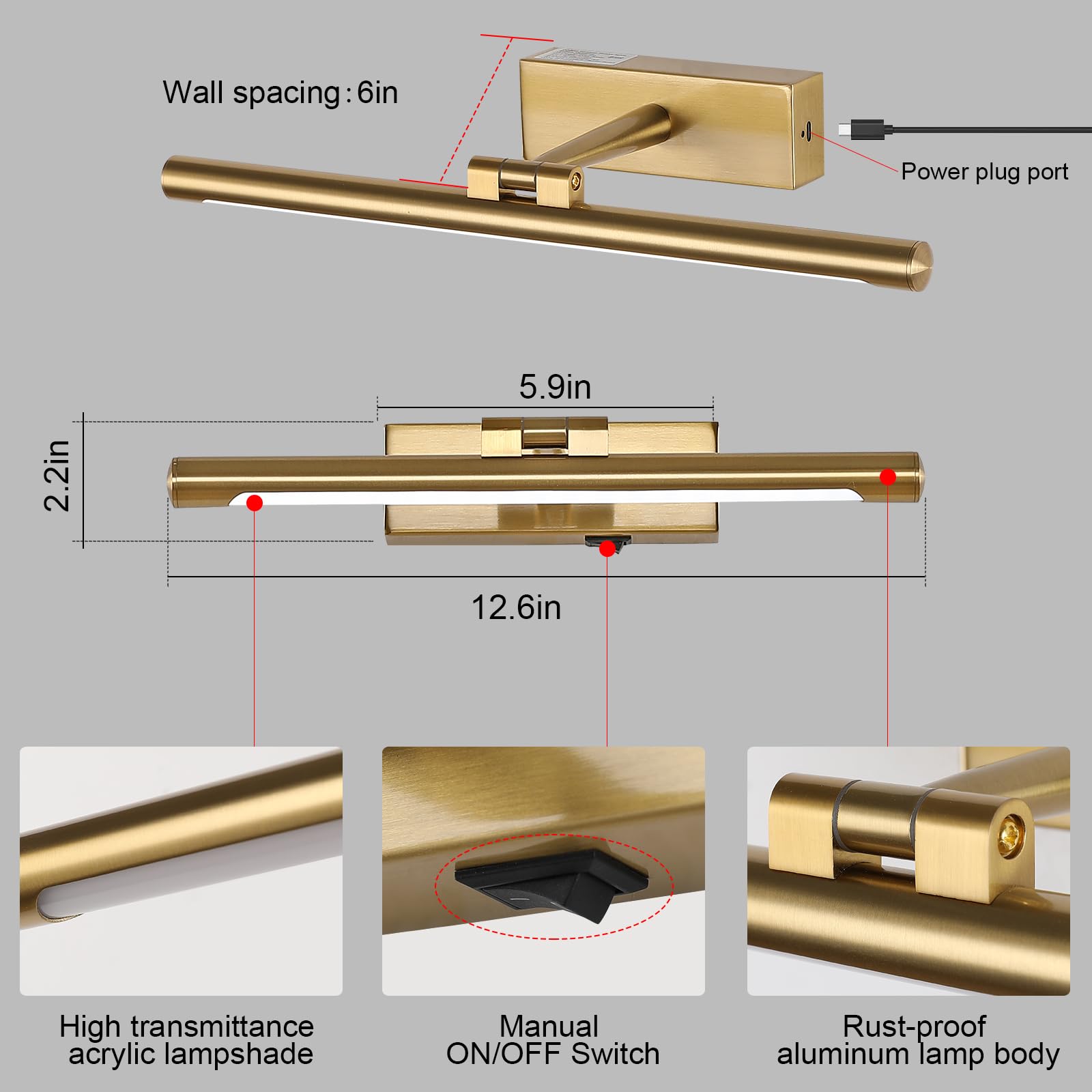 Opmre Modern Led Picture Light Dimmable 12.6 &quot;Brass Picture Light Lampshade Can Rotate Up Or Down 270 Degrees 3 Color Temperature Display Wall Art Light Battery Powered
