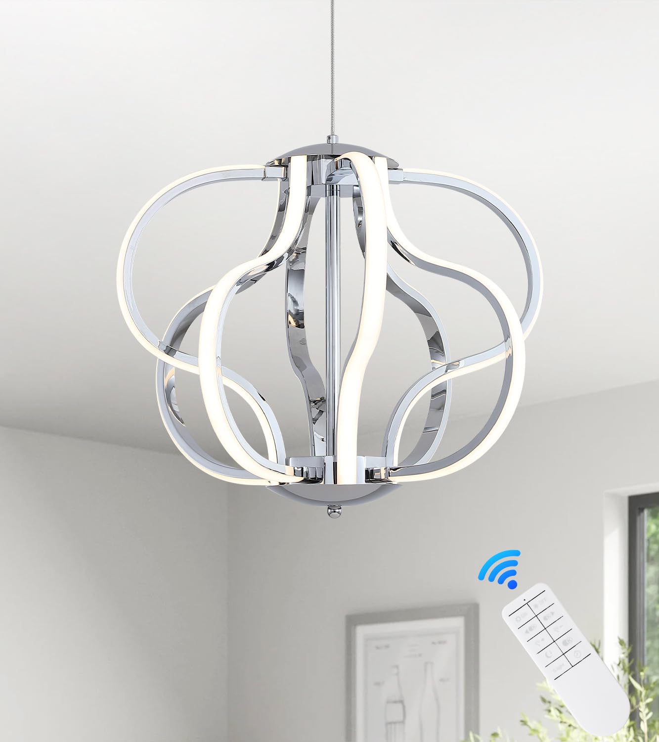 Munbea Modern Chrome LED Chandelier with Remote Control, Dimmable LED Chandelier with 3 Color Temperature,8 Lights Hanging Penda