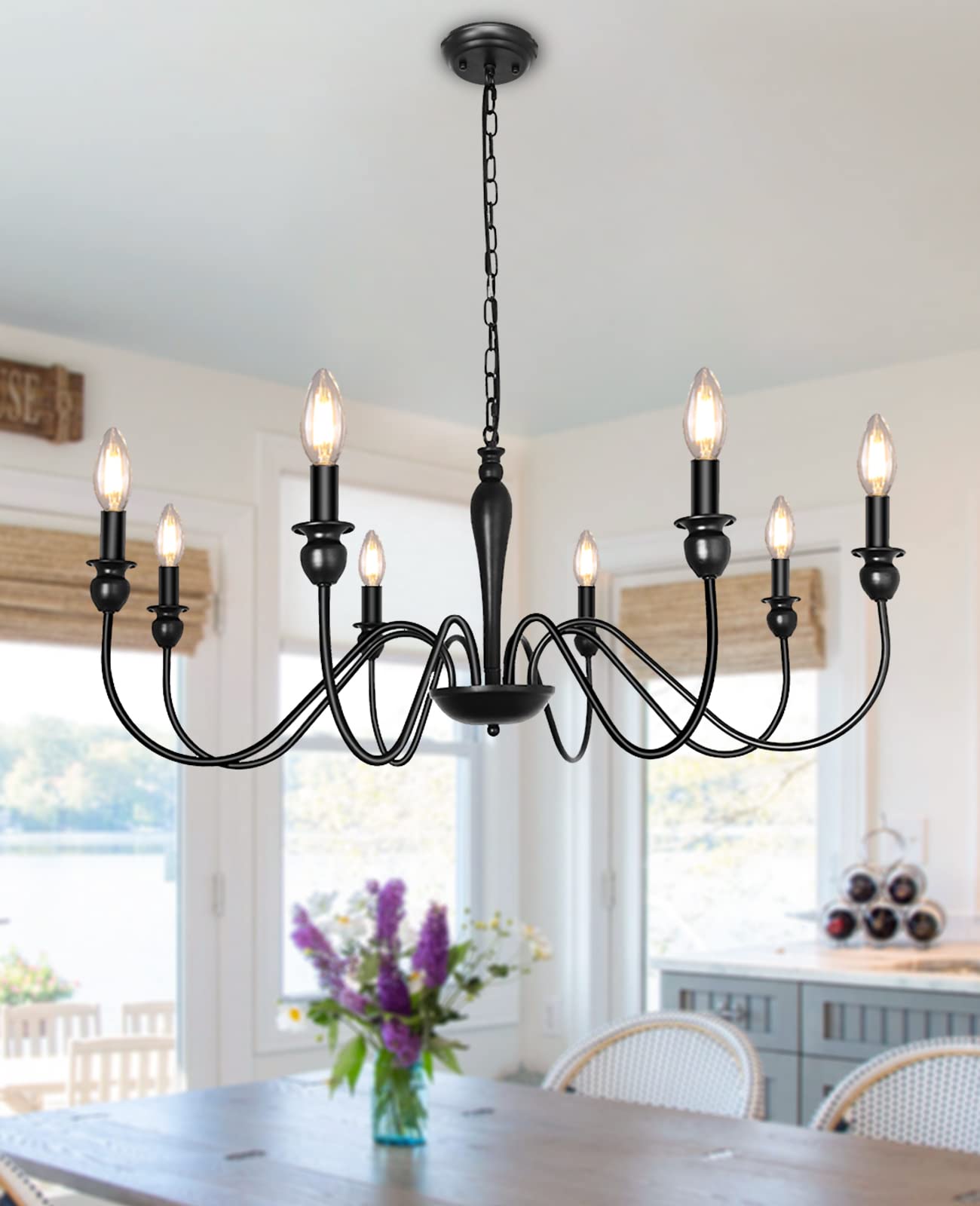 Lasenchoo 8-Light Black Farmhouse Chandelier, Industrial Candle Fixture For Dining Room & Kitchen