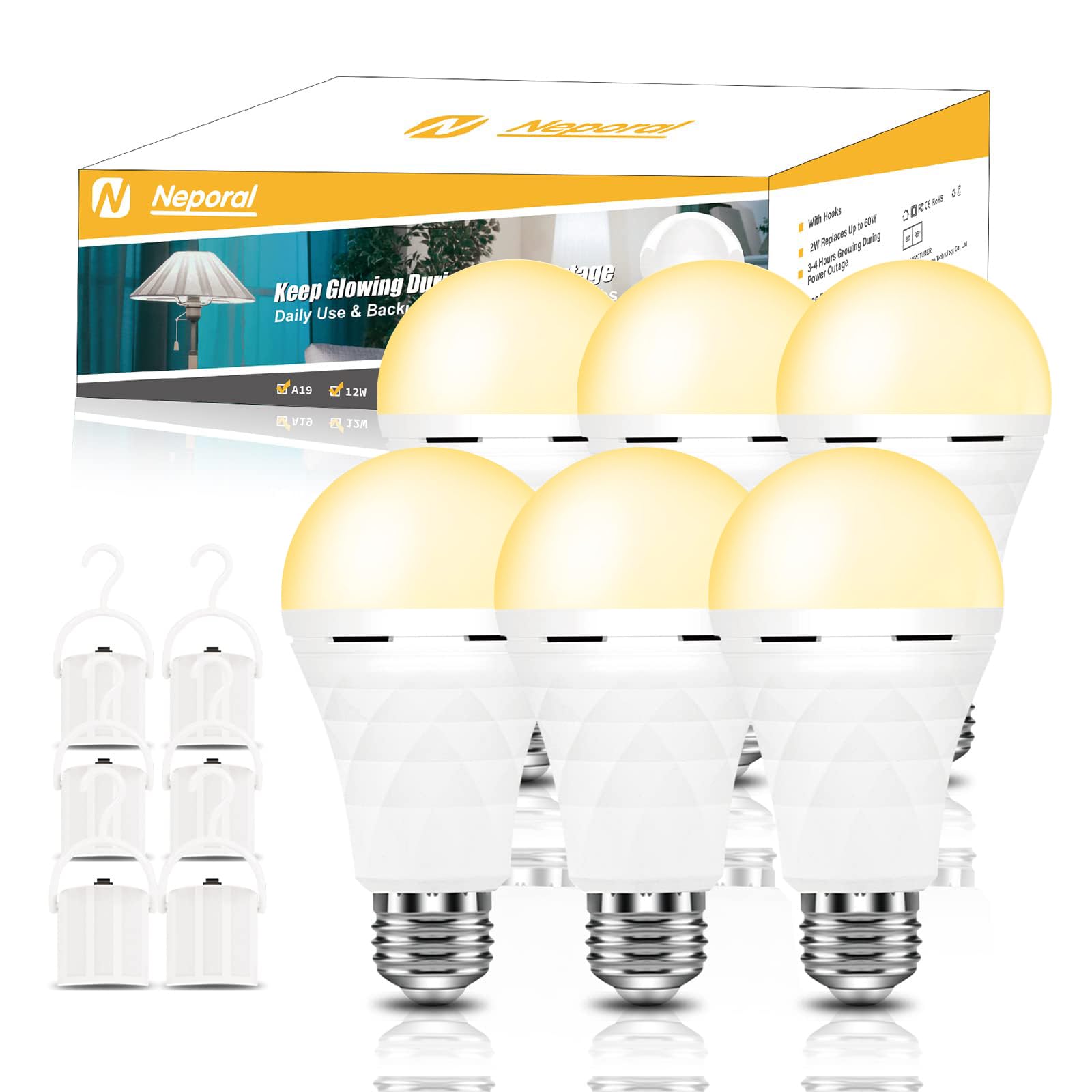 Neporal A19 Rechargeable Light Bulbs, Socket Rechargeable Emergency Light Bulb For Power Failure, 1200Mah Battery Backup Light B