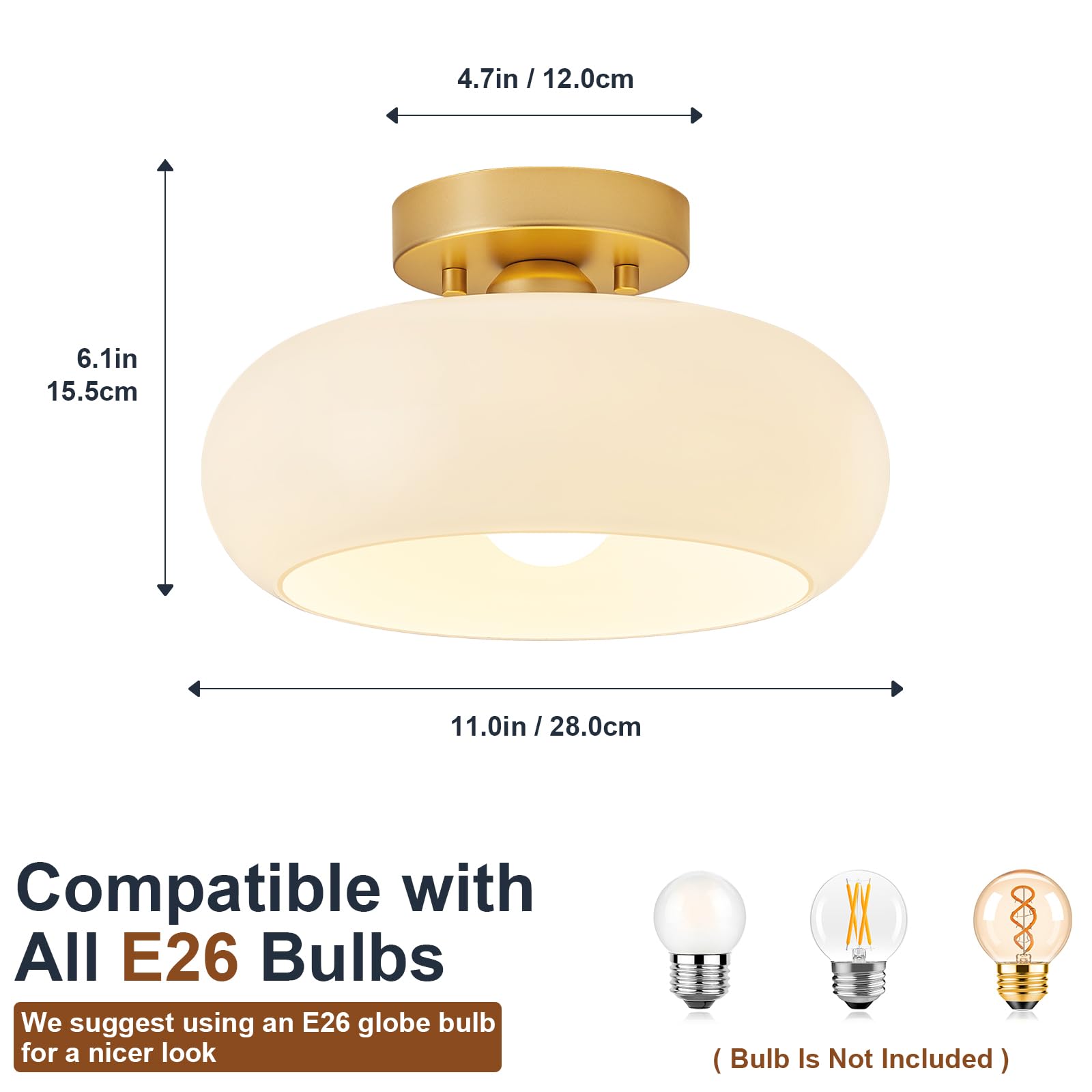 Woknos Mid-Century Modern Gold Semi Flush Mount Ceiling Light, Kitchen Ceiling Light Fixture With Glass Shade, Vintage White Clo