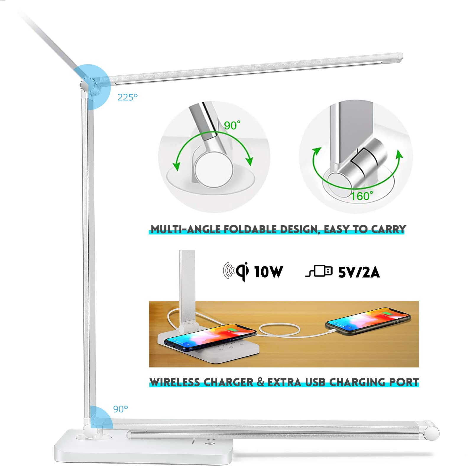 Jostic Led Desk Lamp With Wireless Charger, Usb Charging Port, Desk Light With 10 Brightness, 5 Color Modes, Dimmable Eye Caring