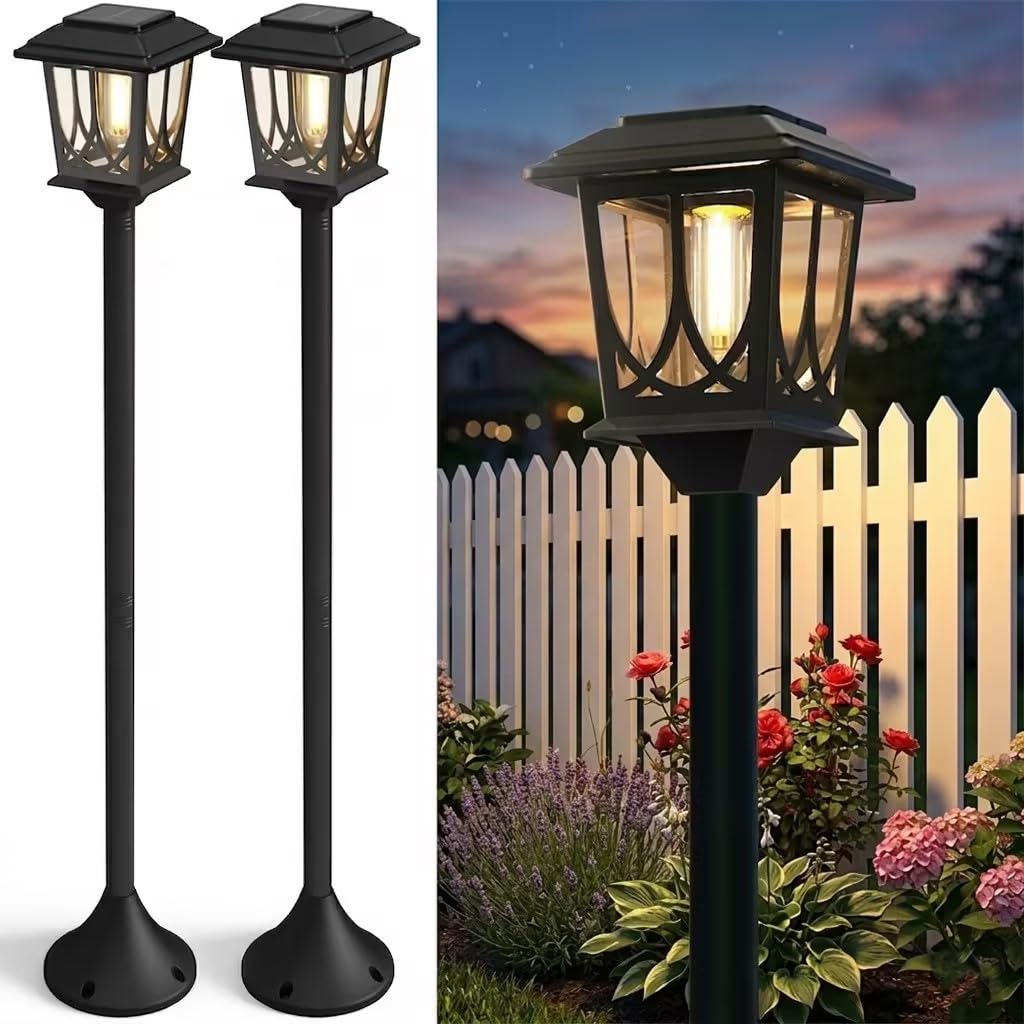 ILANCK 2 Pack Solar Lamp Post Lights Outdoor  40 H Solar Pole Lights for Outside Dusk to Dawn  Waterproof 3000K Warm White Floor Lamps for Patio Backyard Pathway (No Wiring Needed)