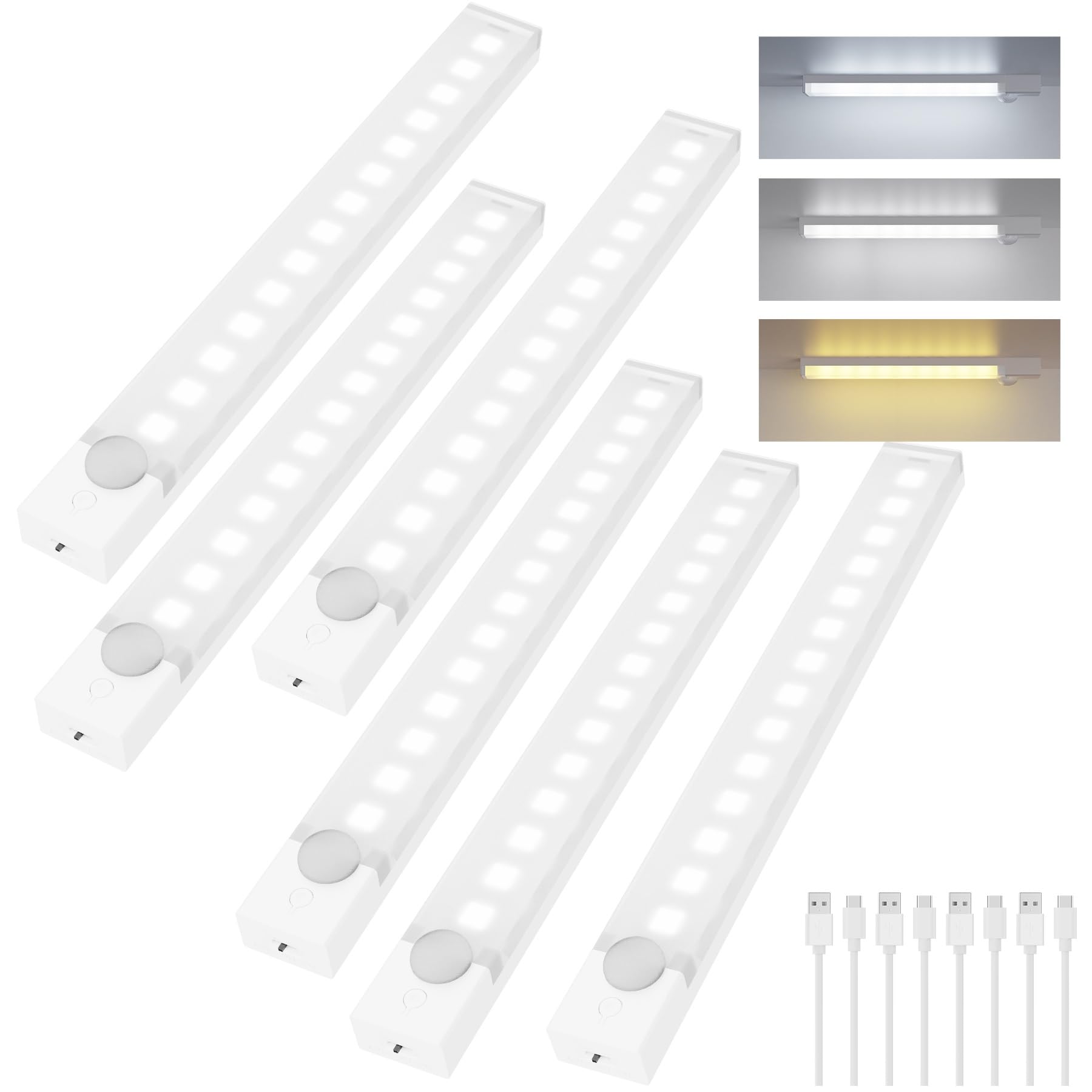 Rihvy Under Cabinet Lighting 12 Inches Rechargeable Motion Sensor Light Indoor  3 Color Dimmable Closet Light Battery Operated  Usb Stick On Led Magnetic Under Counter Lights For Kitchen Stair  6Packs
