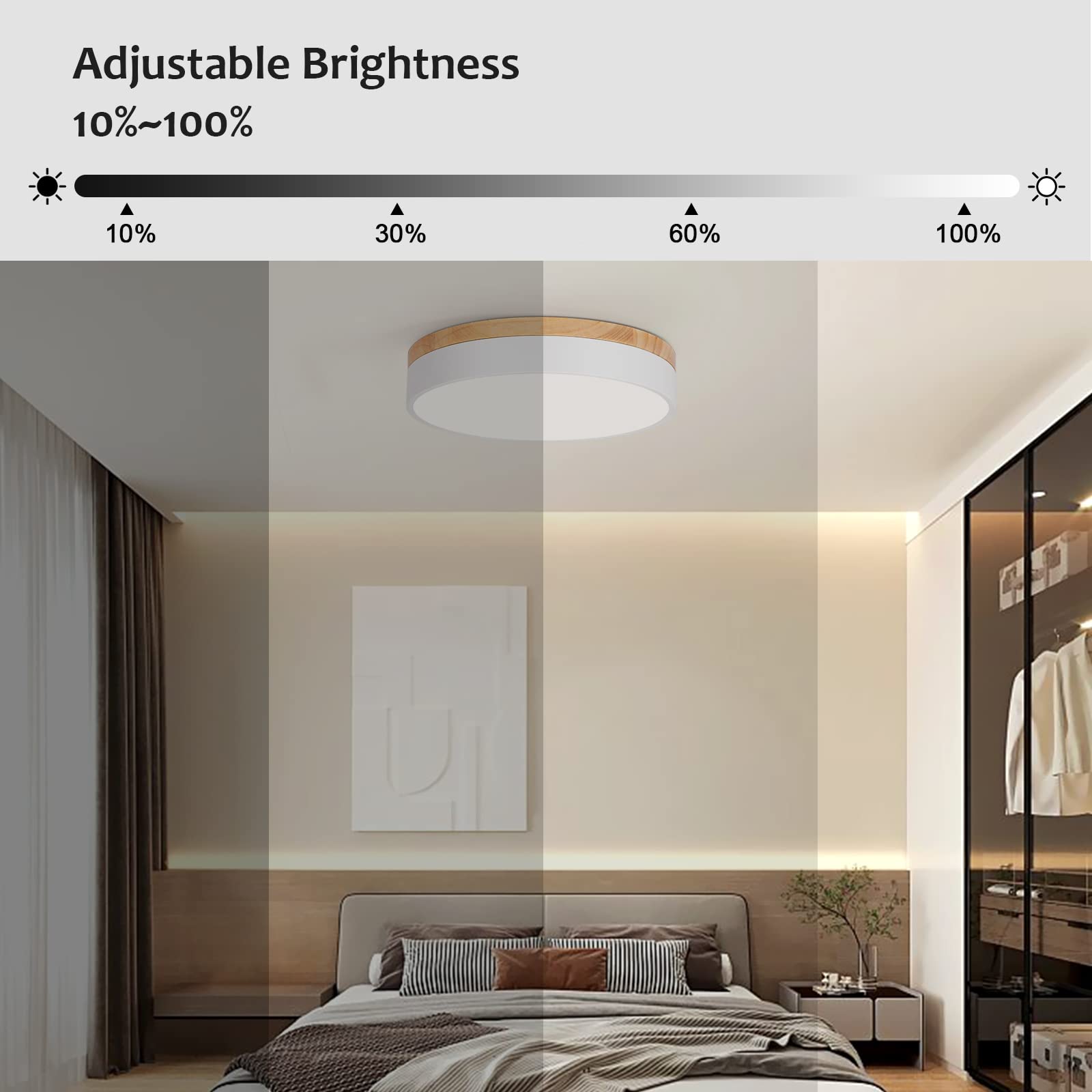 WOKNOS Modern Dimmable LED Flush Mount Ceiling Light, 11.8" White Oak Fixture for Bedroom, Living Room, Bathroom, Model WK20240716004