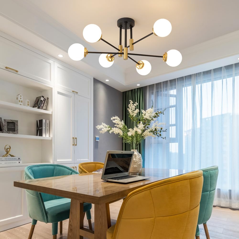 Biewalk Sputnik Ceiling Light Fixture 6 Light Sputnik Chandeliers, Black And Gold Chandelier Light Fixture With Milk White Glass Shade For Living Room Kitchen Bedroom Dining Room (E26 Bulb Excluded)