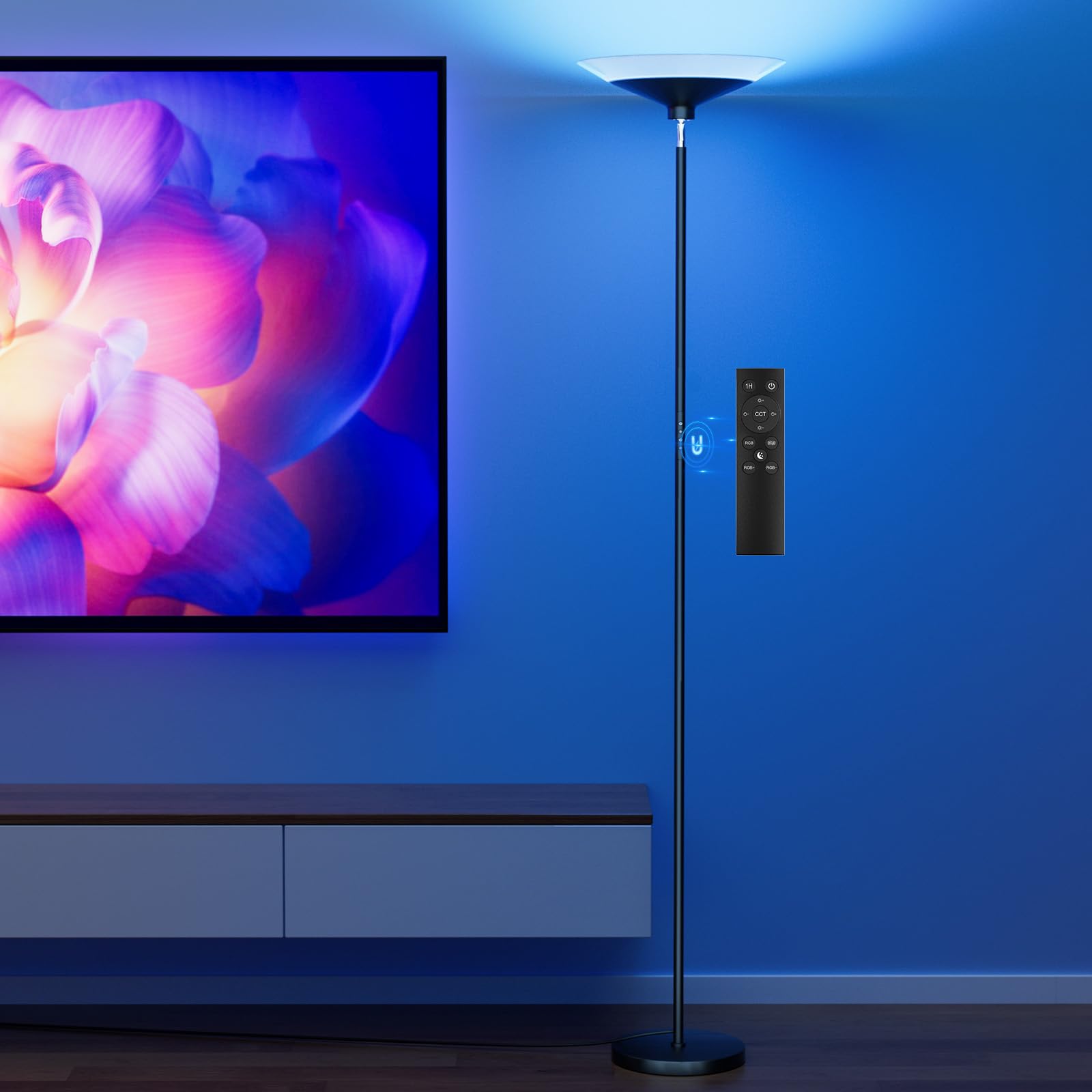 SIBRILLE RGB Torchiere Floor Lamp - 30W Dimmable LED Standing Lamp with Remote, Multi Color Changing, 72in Tall Corner Light, Br