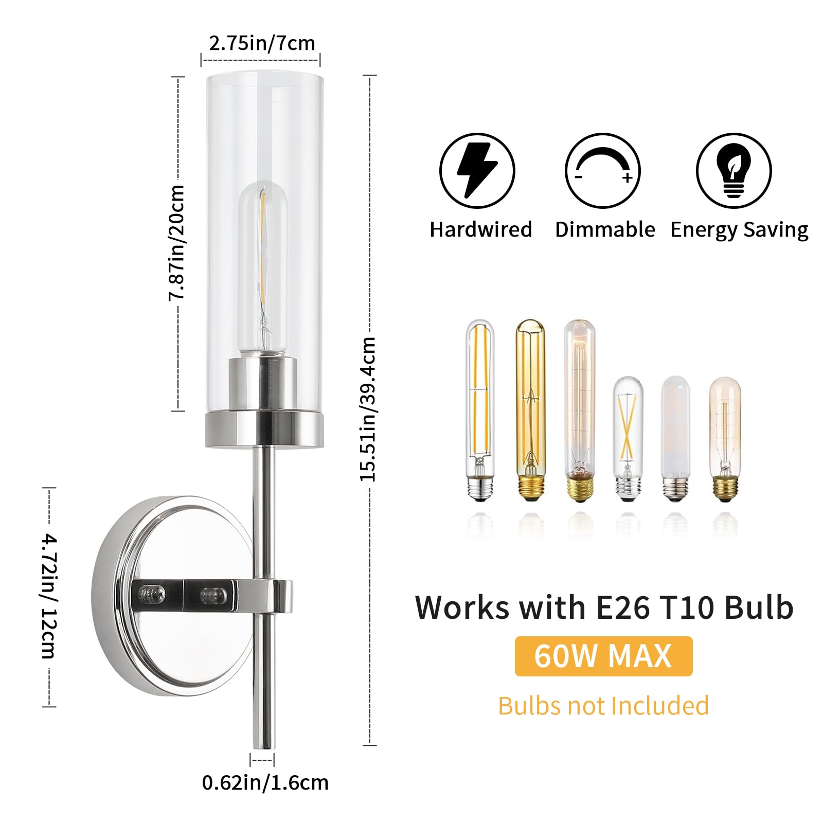 WILON Wall Sconces Set of 2, Chrome Metal Light Fixture with Clear Glass Shades, 15.5in  - Model QLSMUSB0021BG