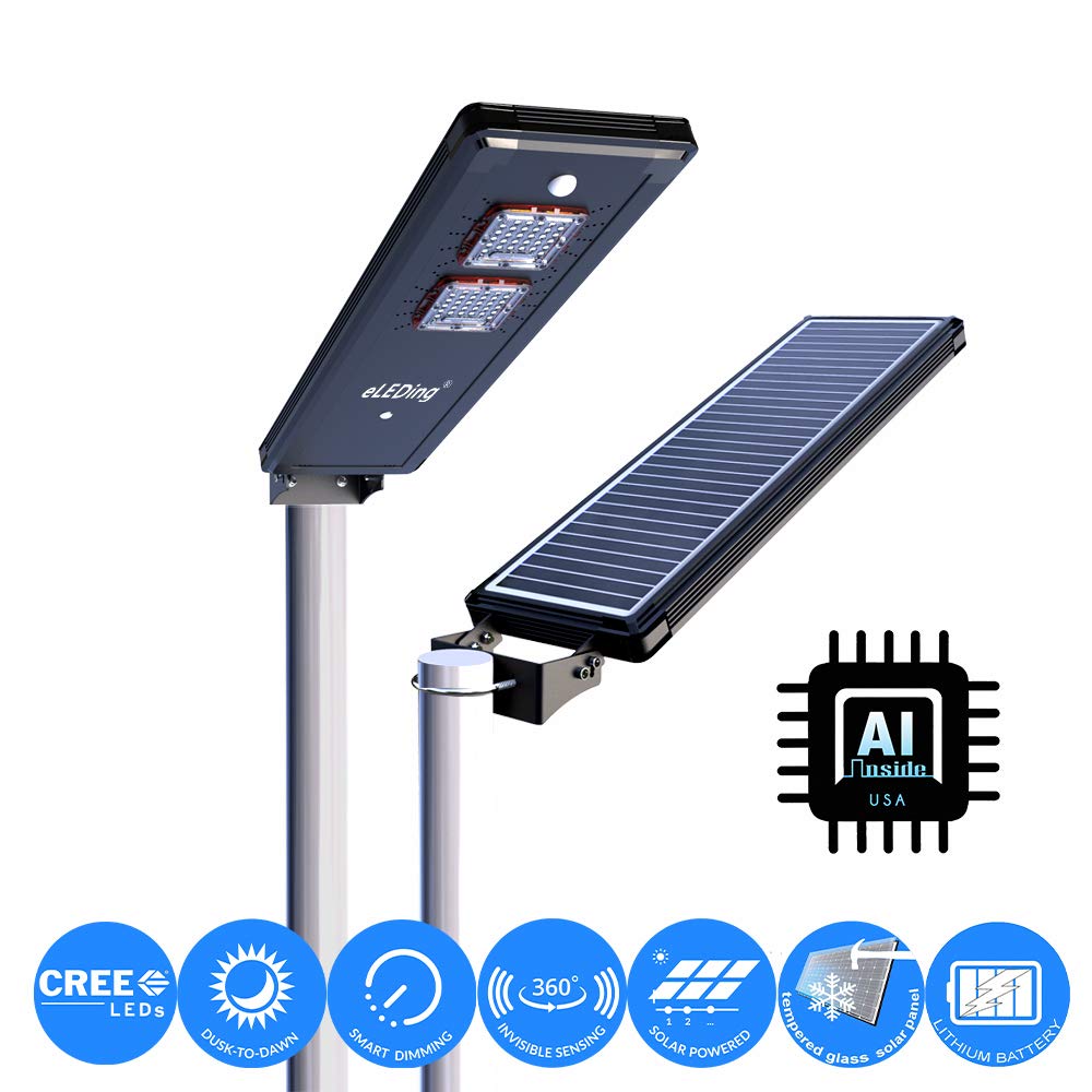 Eleding Solar Power Dusk To Dawn Led Area Light, 3200 Lumens, Smart Sensing, Black Aluminum