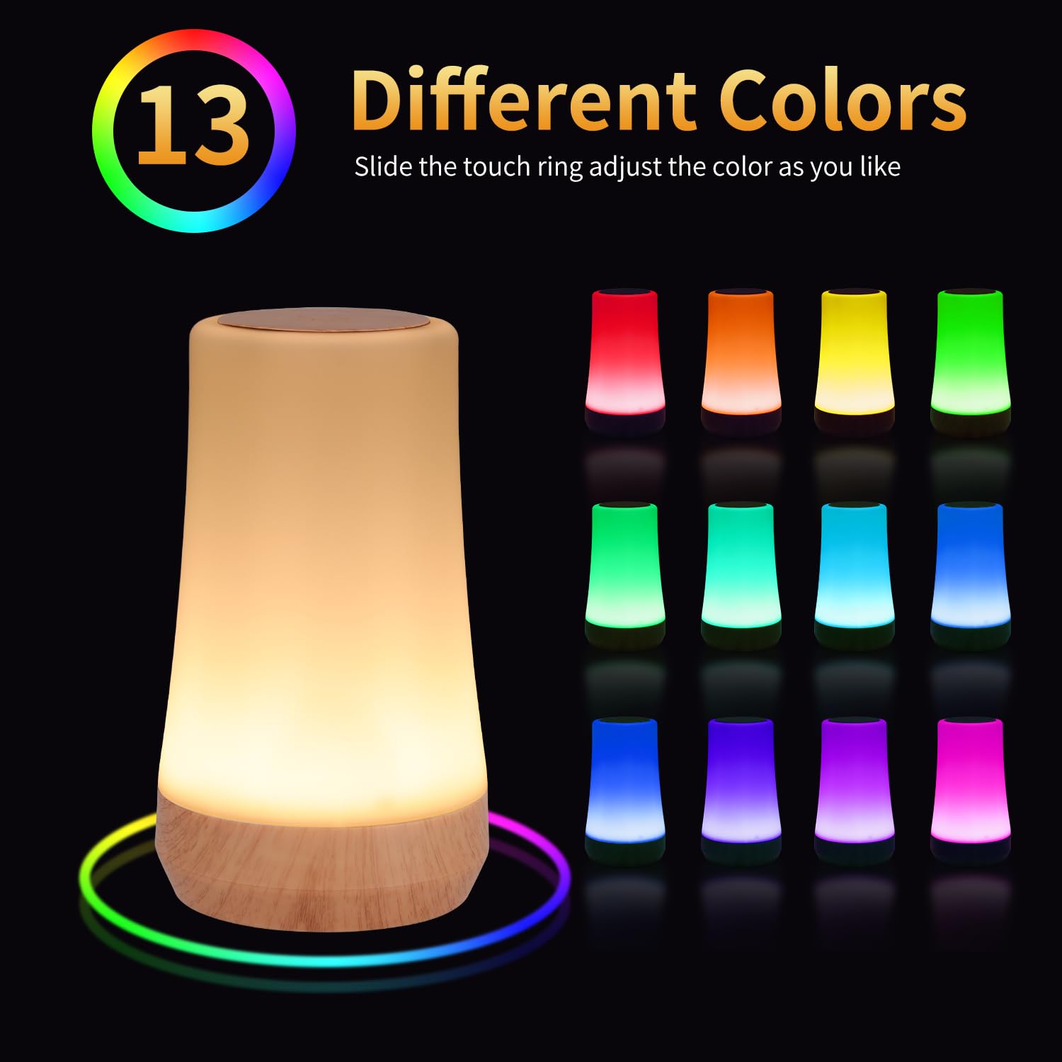 Oorun Touch Bedside Table Lamp,13 Rgb Colors & 5 Brightness, Usb Rechargeable Desk Lamp, Remote Control Dimmable Light With Rgb