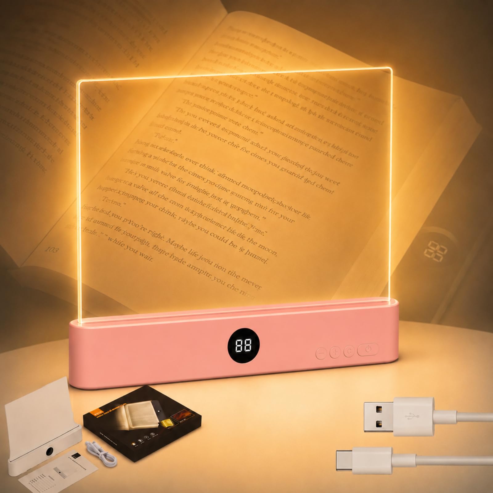 TWINPAIR LED Book Light for Reading, USB Rechargeable Flat Reading Lamp with Full Page Light, 3 Colors 2 in 1 Night Light,Dimmin