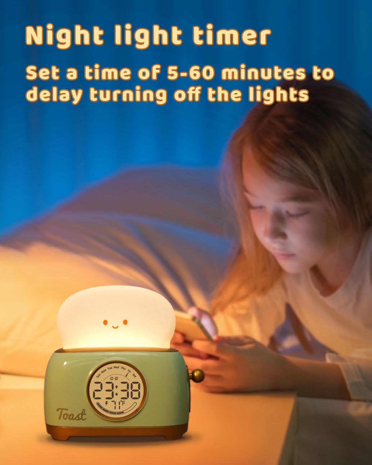 BANDIANCY Kids Toast Night Light Alarm Clock - Green Silicone Sleep Trainer for Toddlers, Perfect Gift for Boys and Girls
