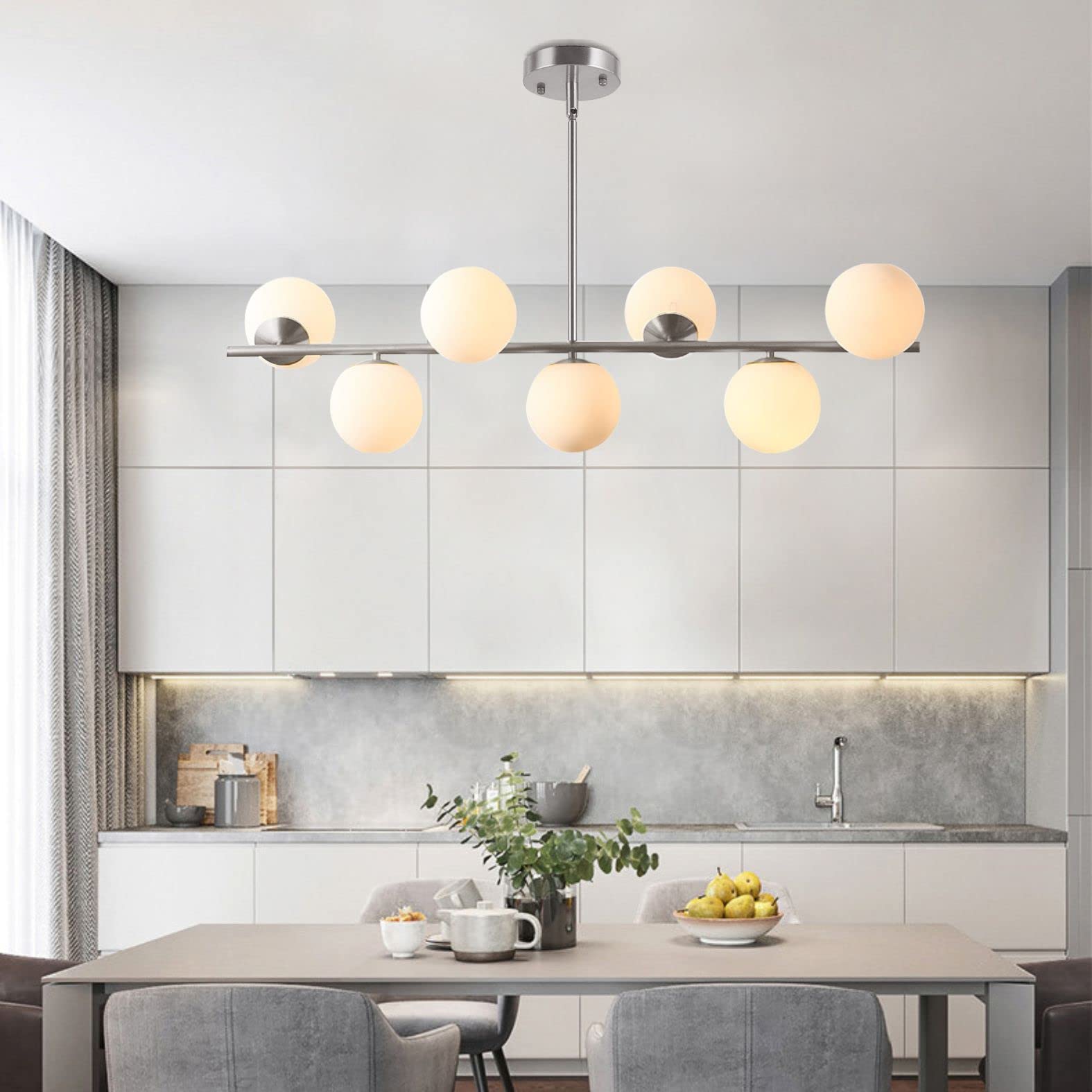 KCO Lighting Modern Silver Chandelier, Sputnik Pendant Light, Frosted Globe Glass, Adjustable Ceiling Light for Dining Room, Living Room, Kitchen