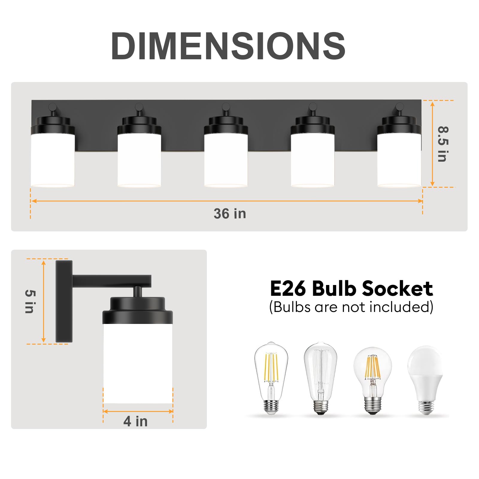 Izorro Bathroom Vanity Light Fixture  5-Light 36 Inch Matte Black Bathroom Light Fixtures Over Mirror  With White Glass Shade  Modern Farmhouse Vanity Lights  Rustic Restroom Lighting Fixtures