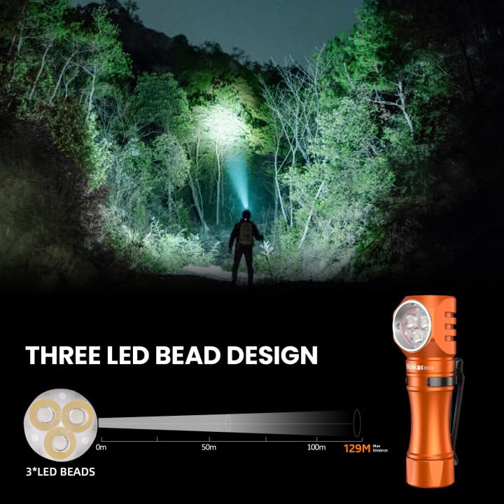 Wurkkos Rechargeable Flashlight 1200 Lumens Right Angle Aluminum Orange 6000K HD10