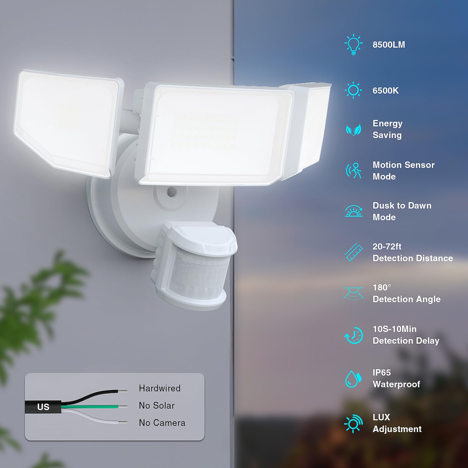 Abovizo 85W Led Security Lights Motion Sensor Light Outdoor, 8500Lm Dusk To Dawn, Ip65 Waterproof, 6500K, 3 Head Motion Detected