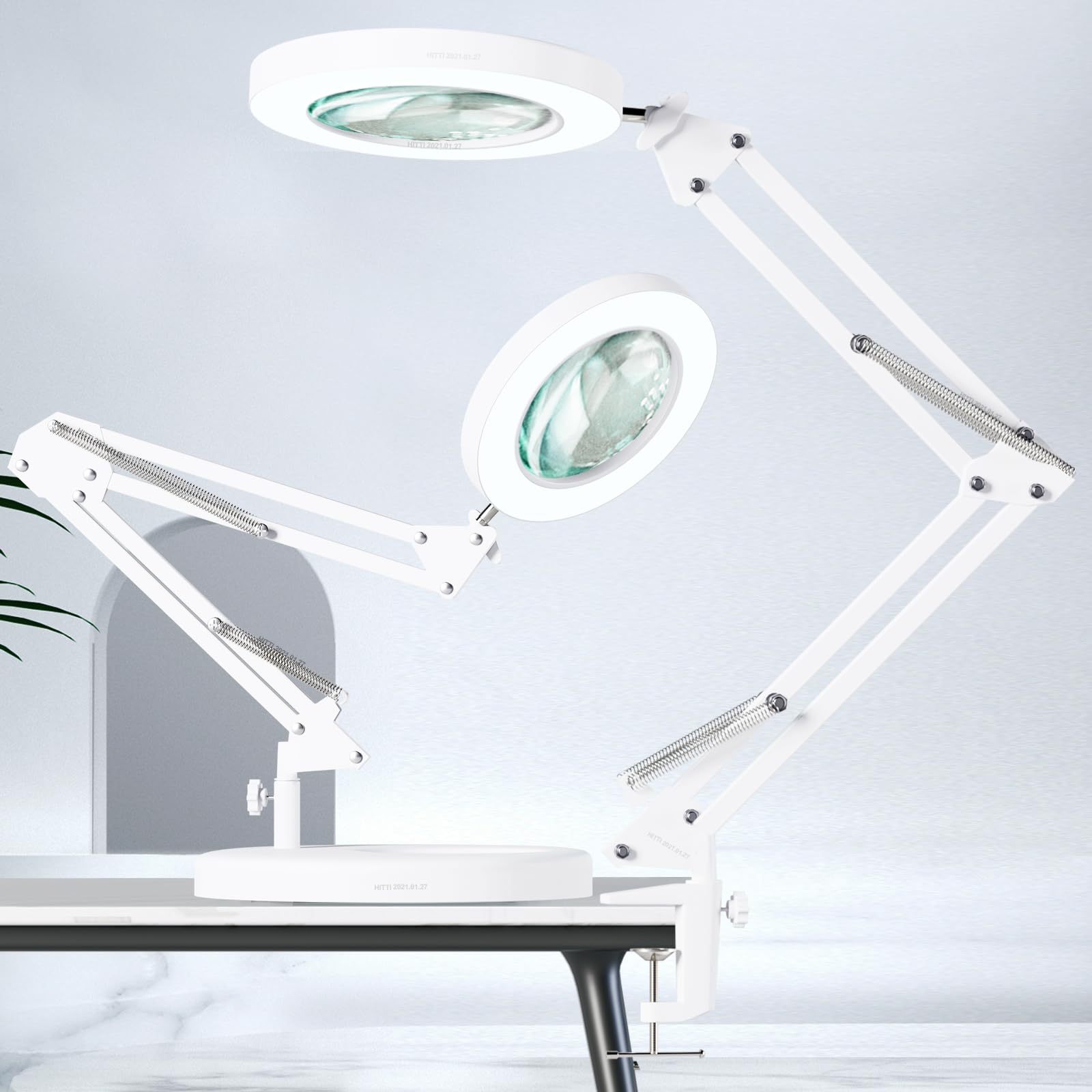 10X Magnifying Glass With Light, Hitti 1,800 Lumens Stepless Dimmable, 3 Color Modes, 4.2 Real Glass Lens Led Magnifying Desk Lamp & Clamp, Magnifier Light And Stand For Crafts Close Work-White