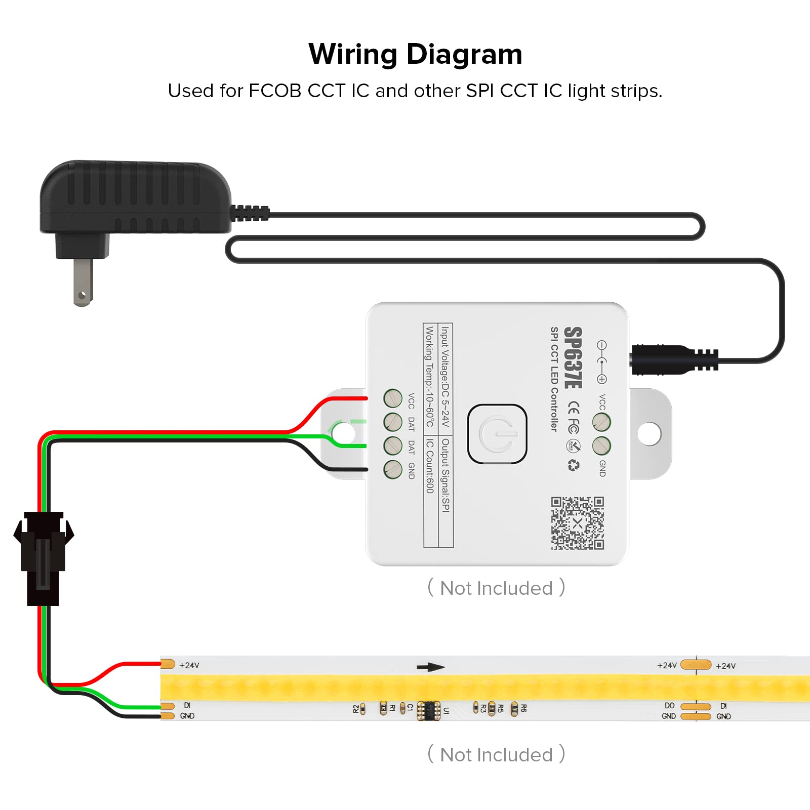 SEZO Bluetooth SPI LED Controller for CCT IC LED Strip, Model M1SP637E, Dynamic White Light Effect, DC5V-24V, White