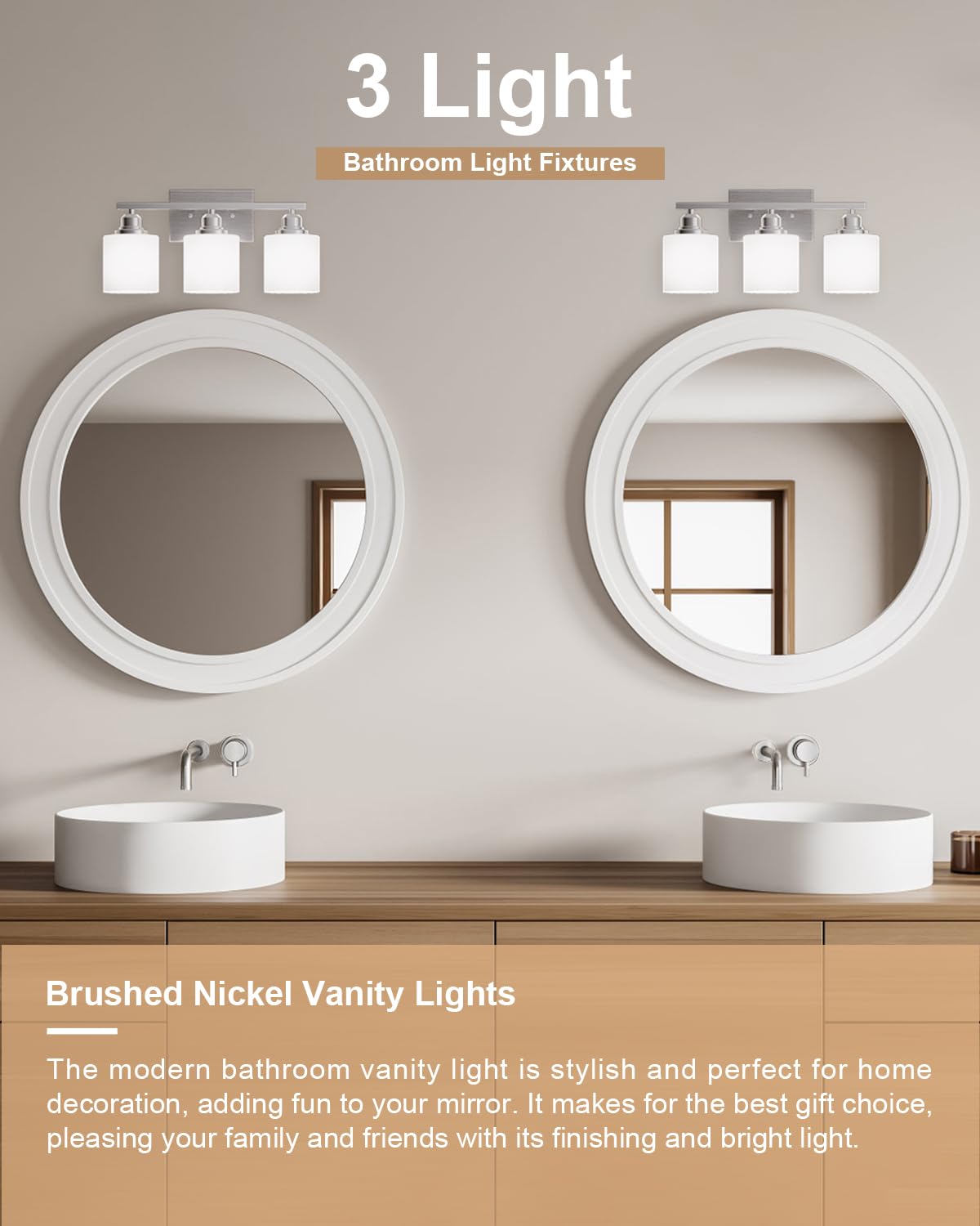 Sailstar Bathroom Light Fixtures Over Mirror, 3-Light Vanity Lights Brushed Nickel, Modern Bathroom Vanity Light, Glass Shade &