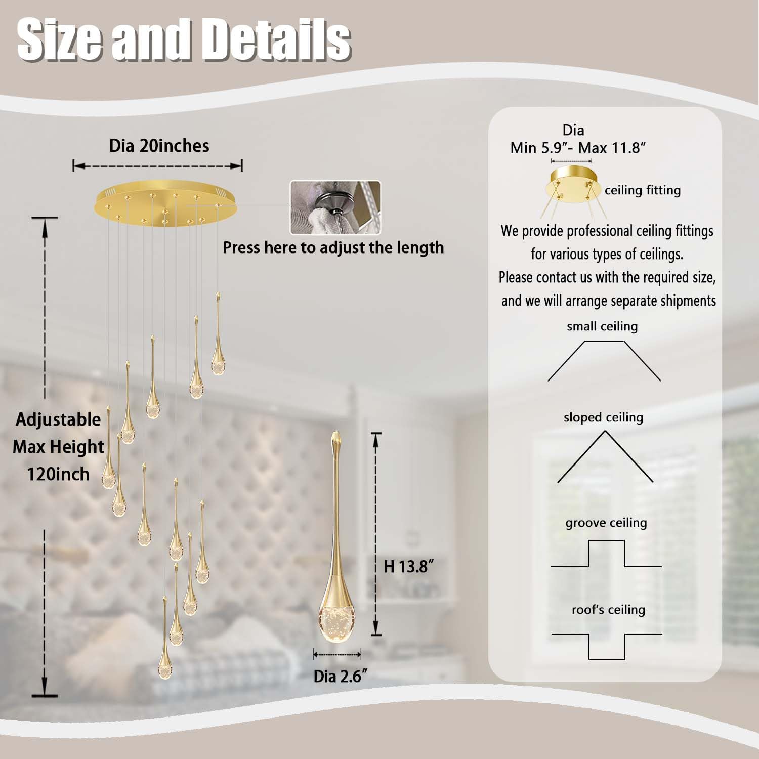 Ykolupty 12-Lights Staircase Chandelier 120In Gold Chandelier For Sloped High Ceiling Raindrop Pendant Chandelier For Living Room Foyer Hallway Villa