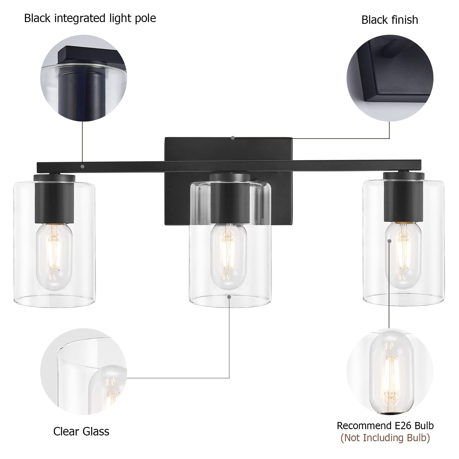 DRNANLIT Black Bathroom Vanity Light Fixture, 3-Light Industrial Wall Sconce, Clear Glass Shade, Model TYB3108205SB