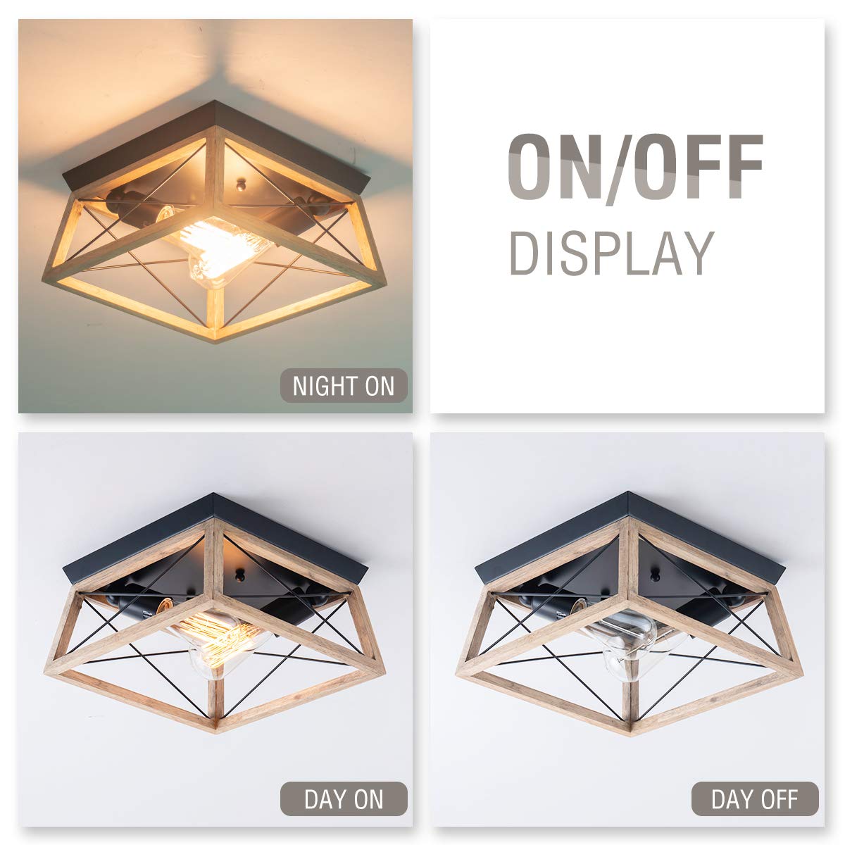 VILUXY Farmhouse Wood Flush Mount Ceiling Light Fixture - 2-Light Square Lamp - Light Wood - Model VILUXY-FL-2SQ-LW