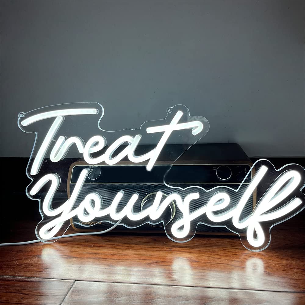 DAKABUKA Neon Light Sign - Treat Yourself White LED Wall Decor, 8.7in x 16.5in, Acrylic, Model NL008