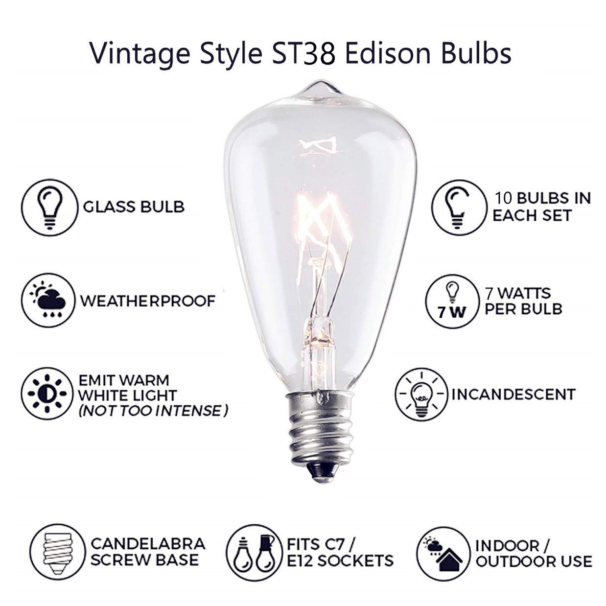 Sunsgne 10-Pack Edison Replacement Light Bulbs, 7-Watt E12/C7 Candelabra Base St38 Replacement Clear Glass Light Bulbs For Outdo