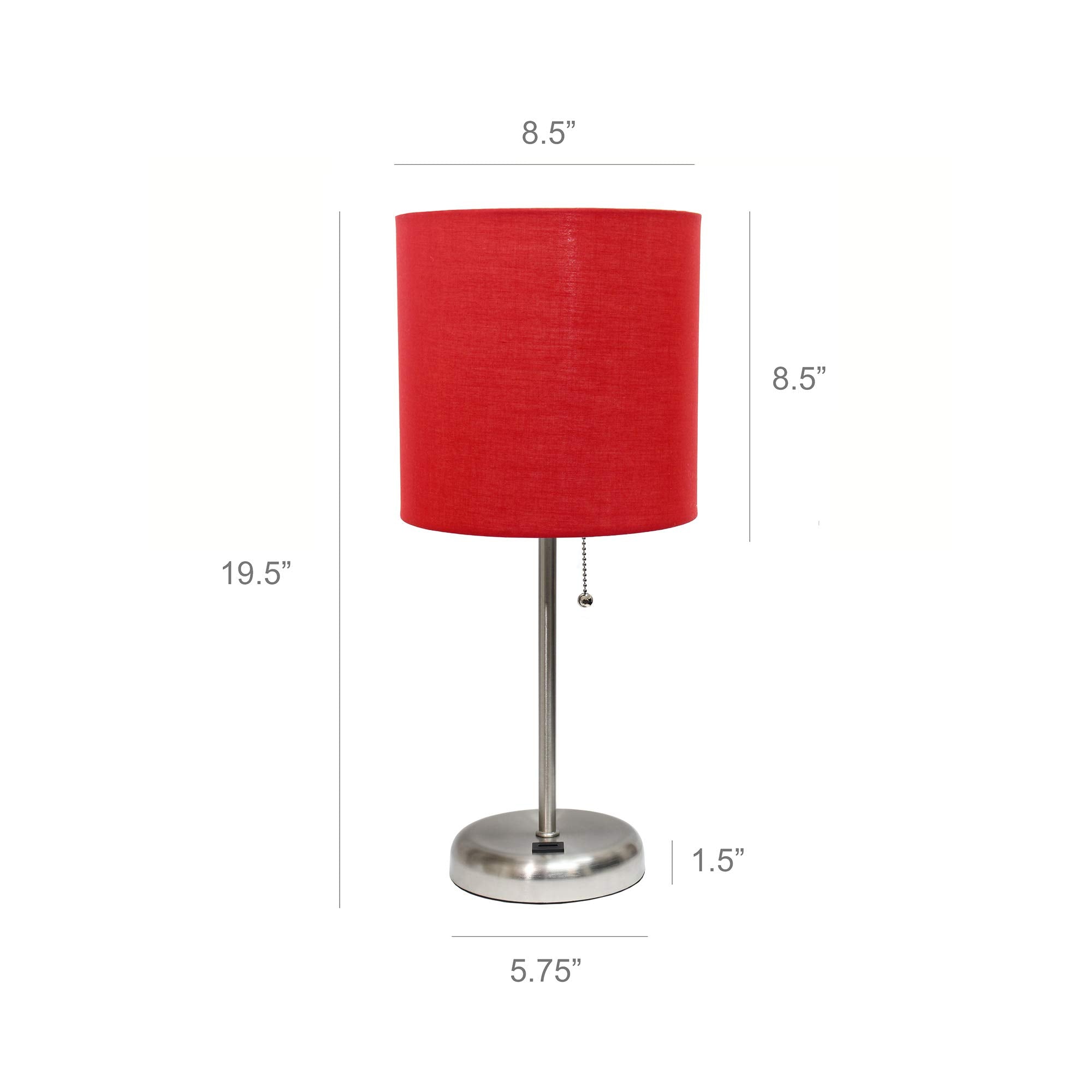 Simple Designs Lt2044-Red Brushed Steel Stick Table Desk Lamp With Usb Charging Port And Drum Fabric Shade, Red Shade