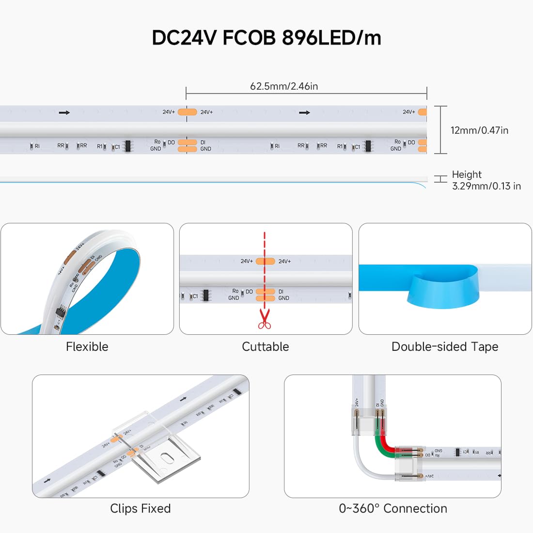 Btf-Lighting Fcob Cob Led Strip Ws2814 Ic Rgbw 6000K Flexible High Density Color Chasing Uniform Light 9.8Ft Dc24V 896Led/M 16Ic/M 12Mm Width For Home Diy Lighting Projects(No Adapter Or Controller)