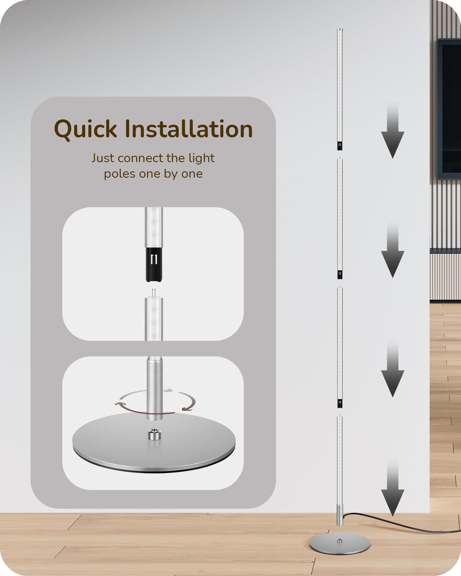 EDISHINE LED Standing Floor Lamp, Dimmable 3 Color Temperature 3000K-6000K, 57.5in Modern Design, Silver
