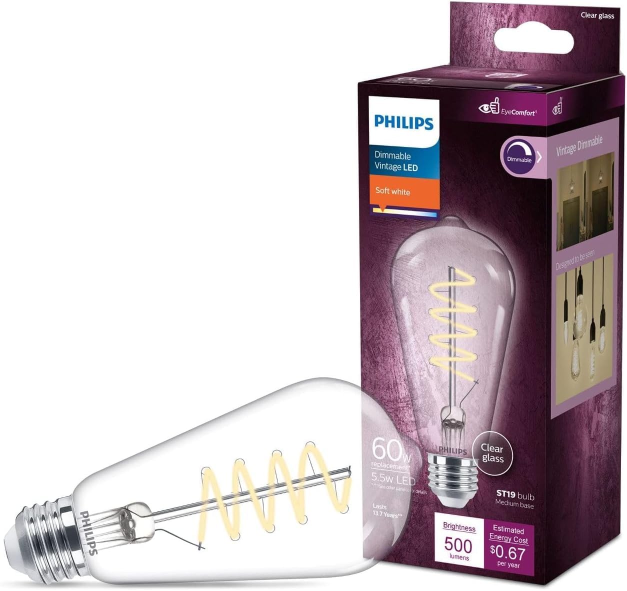 Philips Led Vintage Flicker-Free Clear Spiral St19 Dimmable, Eyecomfort Technology, 500 Lumen, Soft White(2700K), 5.5W=60W, Titl