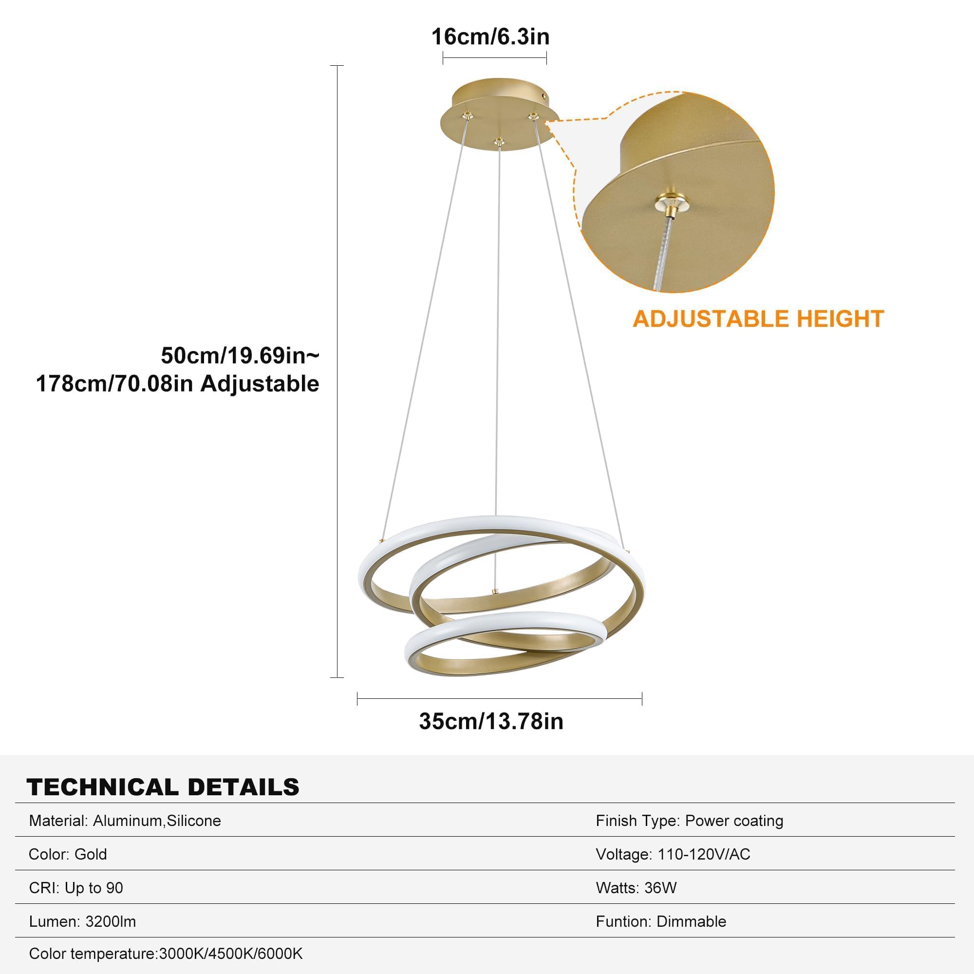 Mayful Modern Chandelier With Remote Control  3-Color Dimmable Led Pendant Light Fixtures  Height Adjustable Kitchen Island Lighting For Dining Room Bedroom Living Room Foyer Office Gold 13.78 Inches