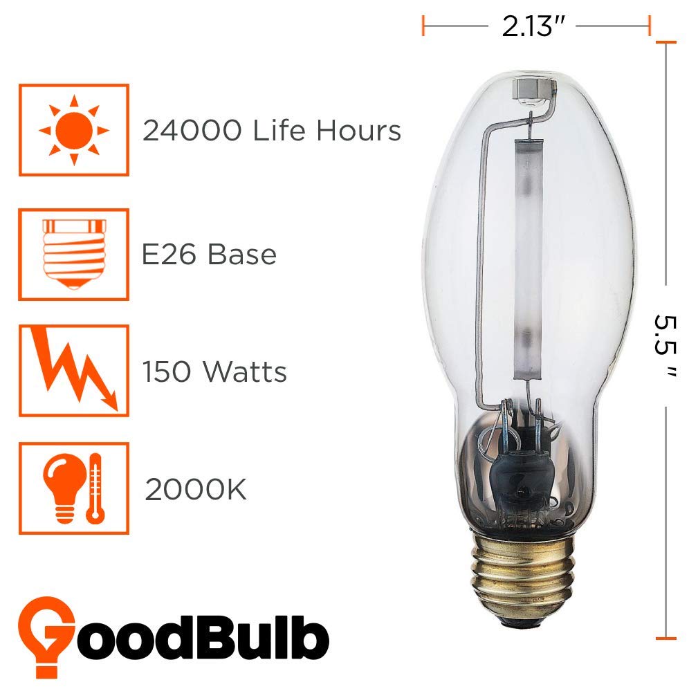 GoodBulb 150W High Pressure Sodium HID Light Bulb | E26 Medium Base | 2000K Warm White | 2 Count Pack | Clear Finish