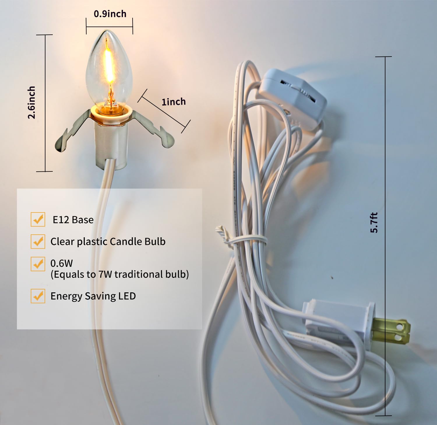 MX232 Set of 2 E12 Candelabra LED Light Bulbs with 6 Ft White Cord and On/Off Switch for Halloween Christmas Decorations