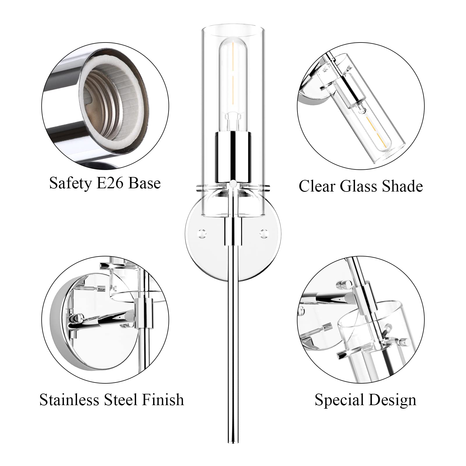 Modern Wall Sconce Set of 2, Chrome Sconce Wall Lighting, Modern Bathroom Vanity Light Fixtures, Metal Wall Sconce with Clear Gl