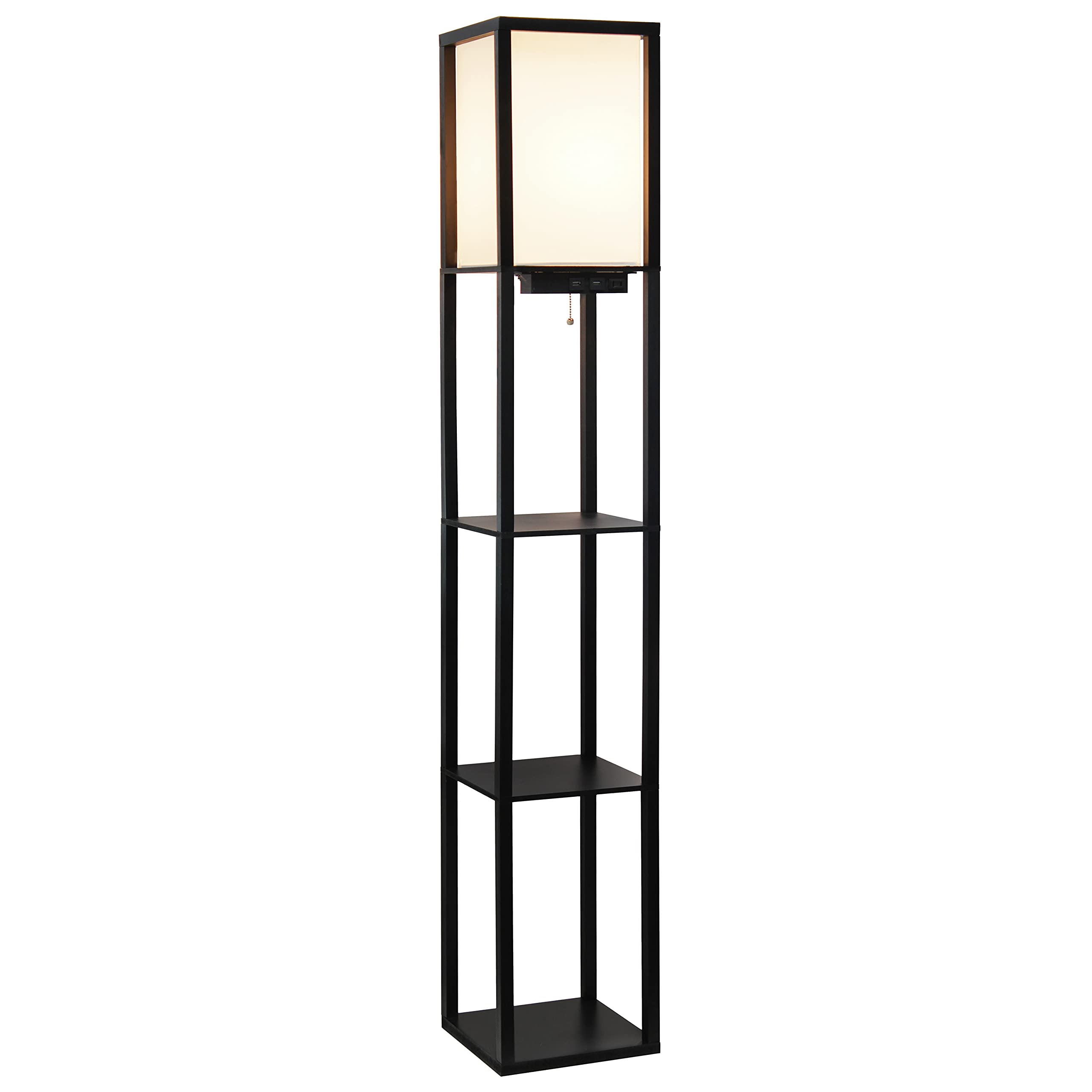 Simple Designs Lf1037-Blk Floor Lamp Etagere Organizer Storage Shelf With 2 Usb Charging Ports, 1 Charging Outlet And Linen Shade, Black