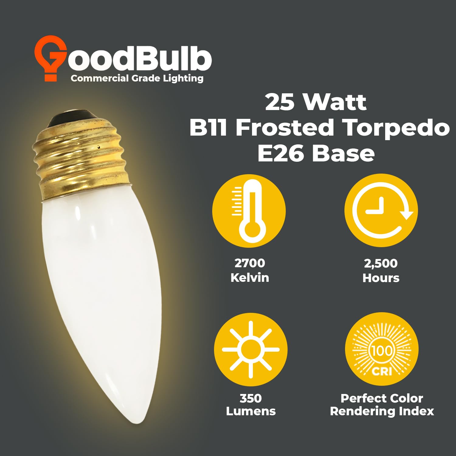 GoodBulb 25-Watt Incandescent Torpedo Light Bulbs, Dimmable, 175 Lumens, Pack of 12, Frosted Finish, Medium E26 Base, 2700