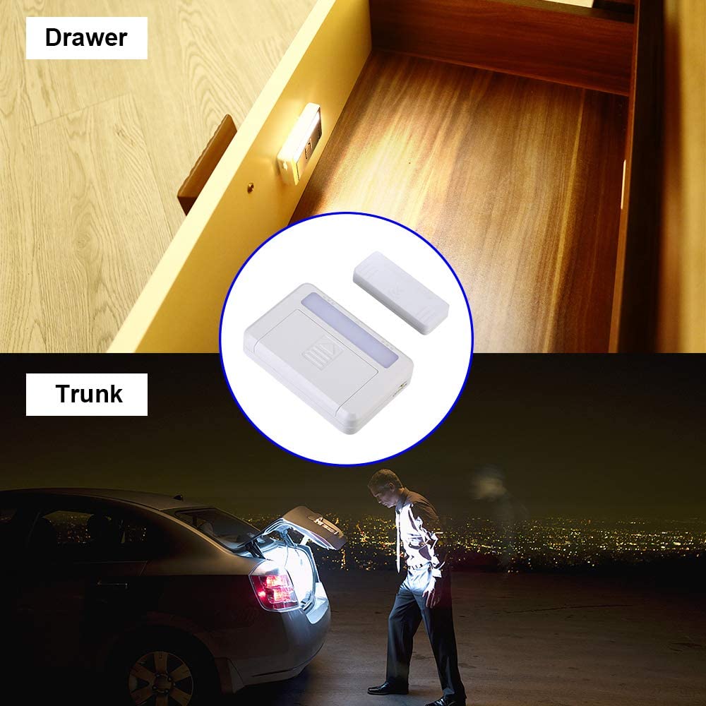 Amagle Magnetic Door Open Sensor Lights - Battery Operated LED Puck Lights for Cabinets, White/Grey, Model GH-400, 4 Pack