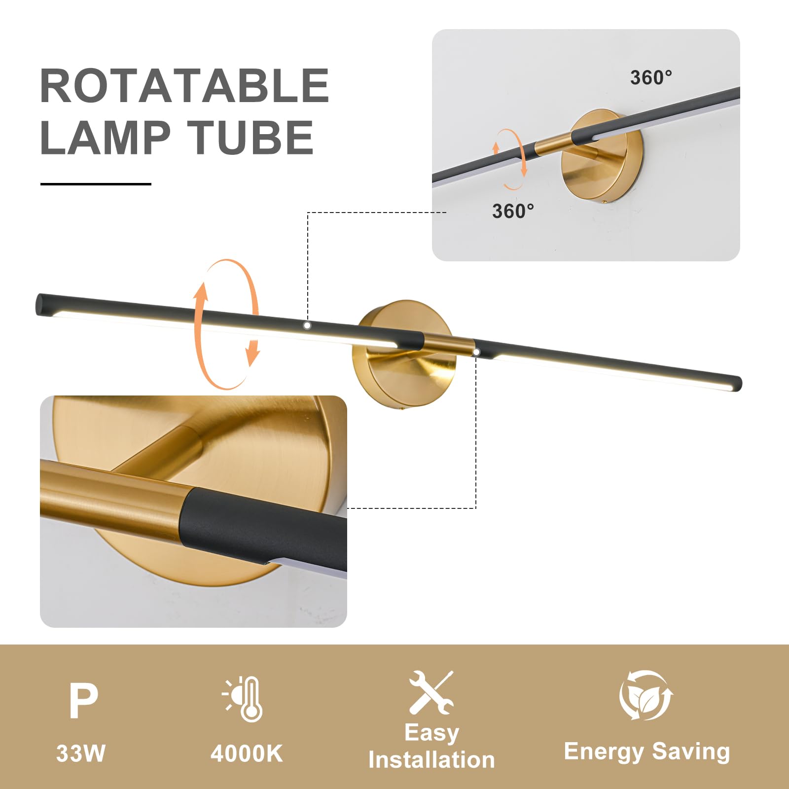 LINSEEDS Gold Bathroom Light Fixtures, 43 Inch, 33W Dimmable 4000K LED Vanity Light Bar, Brushed Gold, Model RD-7516-GD-43