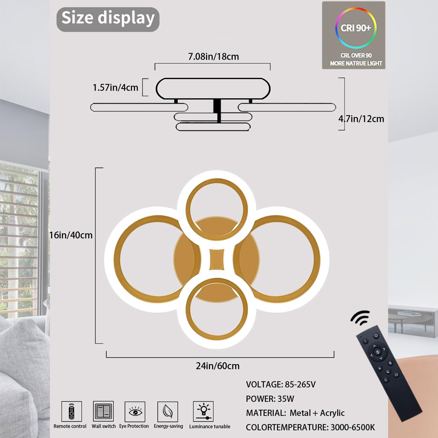 Modern Flush Mount Ceiling Light With Remote, 3000K-6000K Adjustable Color Temperature, Dimmable Led Ceiling Lamp 4-Ring Round C
