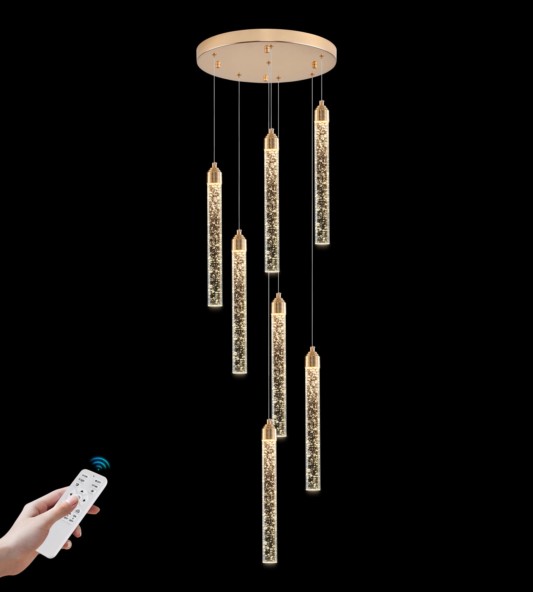 YwueChwu 7-Light High Ceiling Crystal Staircase Chandelier Gold, Modern Spiral Raindrop Dimmable LED Bubble Cluster Ceiling Hang