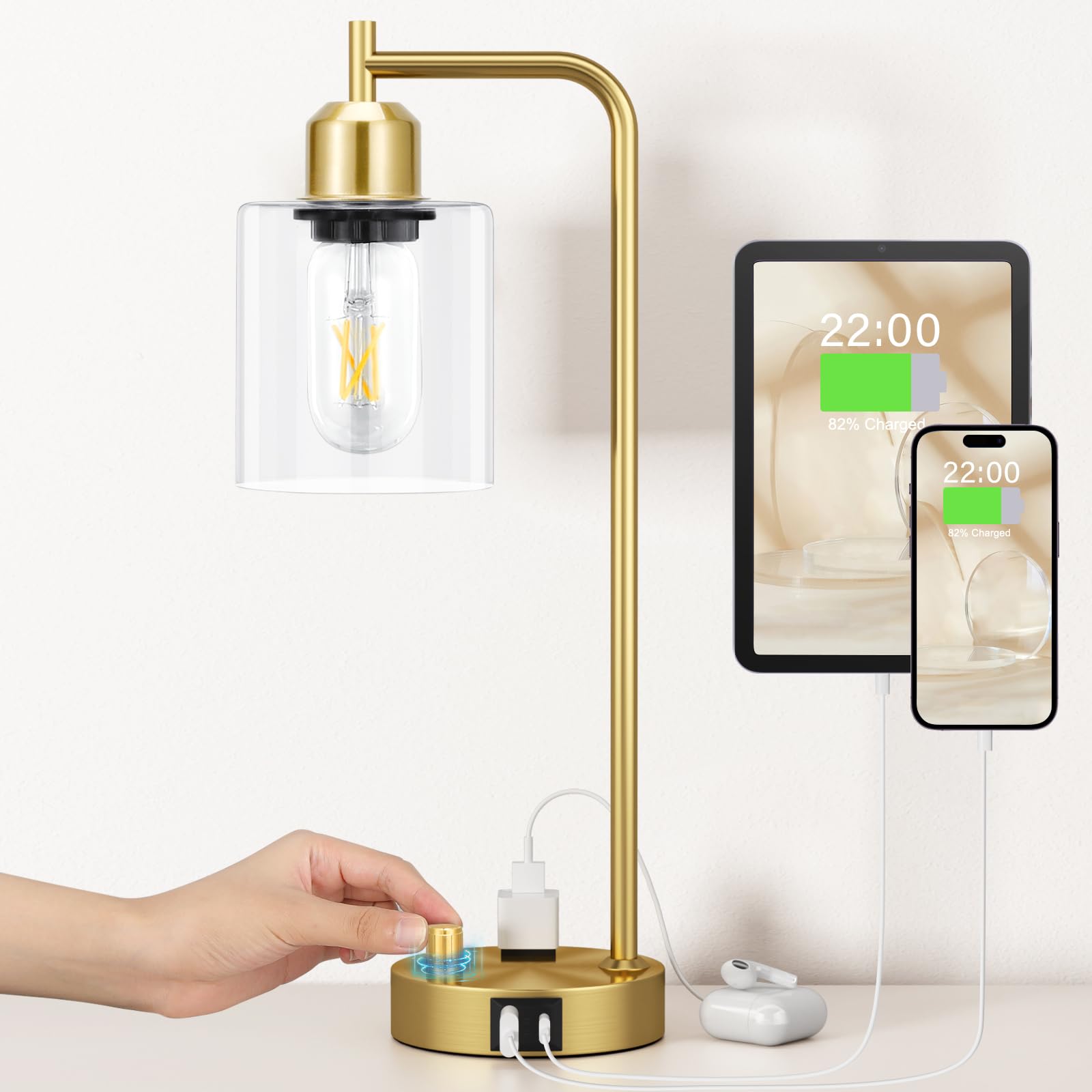 Innqoo Gold Table Lamp for Bedroom - Industrial Bedside Lamp with USB Port and Outlet, Fully Dimmable Nightstand Lamp with Clear